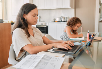 Mom working from home with distance learning child, multitasking childcare and work life balance...