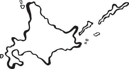 筆で描いた北海道の地図。島あり、白塗り、コピースペースあり。