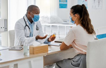 Talking doctor, covid patient and pills or medicine in medical consultation, checkup and visit in clinic, hospital and healthcare center. Professional gp and worker explaining side effects to woman - obrazy, fototapety, plakaty
