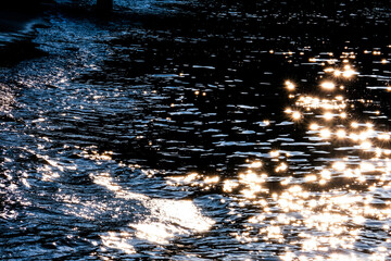 Sunlight glitters on river water surface
