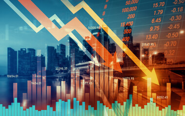 Economic crisis concept shown by declining graphs and digital indicators overlap modernistic city...