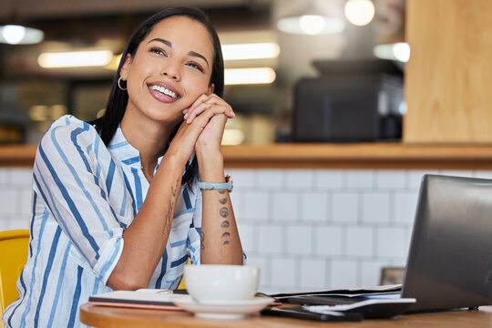 Thinking Coffee Shop Manager Or Cafe Entrepreneur With Menu Vision Ideas, Planning Innovation And Preparing Schedule. Woman In Restaurant Dreaming Of Success And Calculating Startup Finance On Laptop