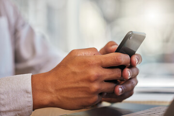 Web browsing, typing and social media on a phone looking at digital and web content. Hands 5g searching, writing and working on the internet using modern technology to connect with friends online