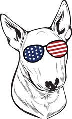 Fototapeta na wymiar Bull Terrier Dog vector eps , Dog in Bandana, sunglasses, Fourth , 4th July vector eps, Patriotic, USA Dog, Cricut Silhouette Cut File