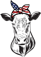 Black Angus Cow vector eps , Cow in Bandana, sunglasses, Fourth , 4th July vector eps, Patriotic, USA Cow, Cricut Silhouette Cut File