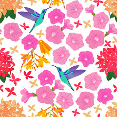Fototapeta na wymiar tropical floral seamless pattern. exotic humming bird, pink petunia and Asoka flowers pattern. floral print. good for fabric, textile, dress, fashion.