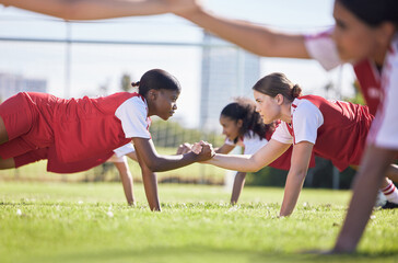Teamwork, sports and health with a team training together in collaboration or solidarity for...