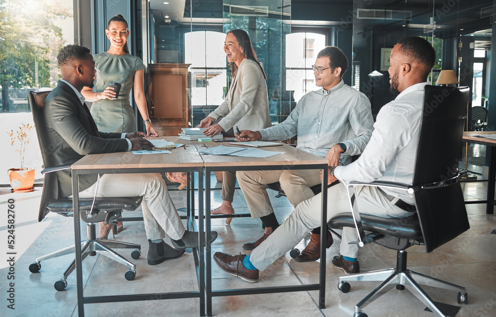 Poster Business meeting in a boardroom of colleagues talking and planning company growth strategy together. Group or team of diverse and happy employees having a discussion in a modern office