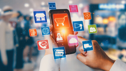 Omni channel technology of online retail business approach. Multichannel marketing on social media...
