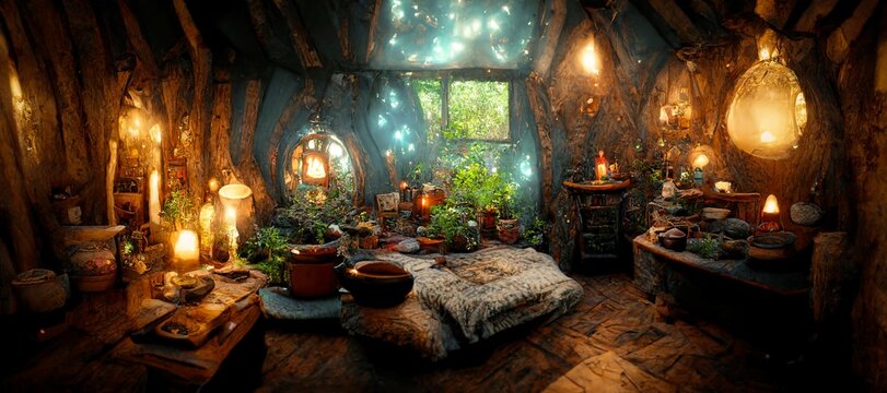 Fantasy room with futuristic and medieval decor, garden and bar on