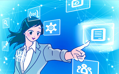 仮想空間でアイコンを操作しながらデータを集中管理するプロジェクトマネージャー　スーツを着た女性