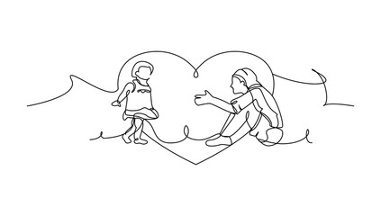 A mom teaches his son to walk drawn with continuous one line. Minimalist style vector illustration in white background.