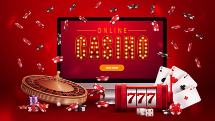 Online casino, red poster with monitor with slot machine, Casino Roulette, poker chips and playing cards.