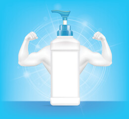Dishwashing liquid product bottle with strong arm muscles on the blue background