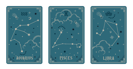 Aquarius Pisces and Libra zodiac symbols surround clouds and stars. Astrology horoscope cards vector illustrations. Elegant symbols and icons of esoteric horoscope