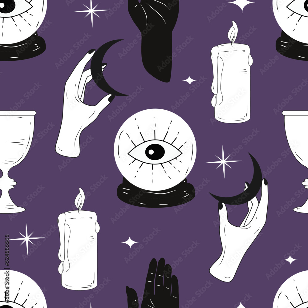 Wall mural vector seamless pattern in a flat style on the theme of halloween, witchcraft and magic. pattern wit