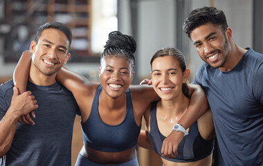Fitness, workout group, team or people in a happy portrait for good training exercise or gym class session. Diverse sports friends, man and woman face together for health, wellness and body strength