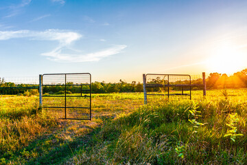 Open gates to the meadow lightened by the sunset beams