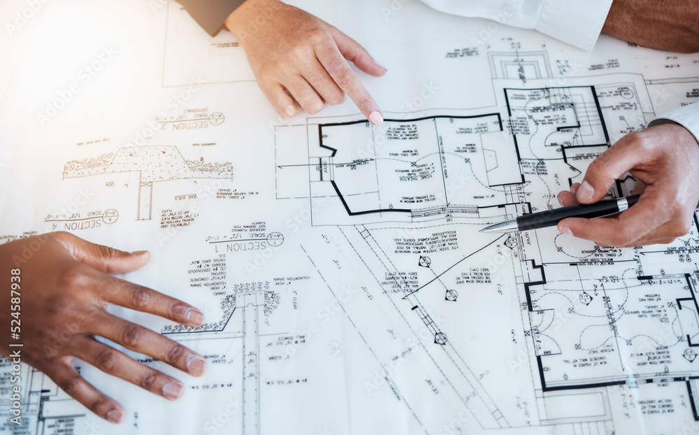 Aufkleber Hands of architects, engineers and building construction workers planning project with blueprint in meeting at work, working on house and talking with document. Creative designer with paper at table
