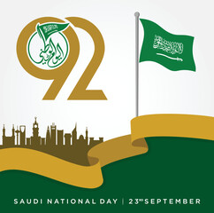Riyadh, September 23, 2022. Translation Arabic Text: Saudi National Day. 92 years anniversary. Kingdom of Saudi Arabia Flag. Vector Illustration. Eps 10. - obrazy, fototapety, plakaty