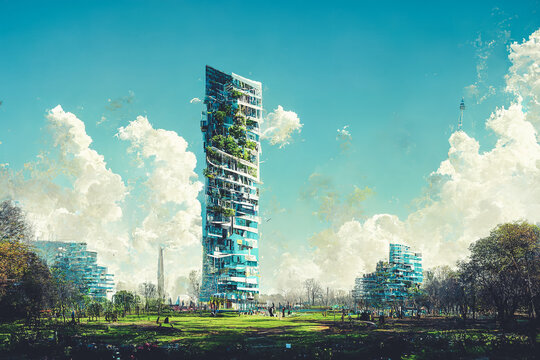 Spectacular eco futuristic cityscape abundant in vegetation features skyscrapers buildings and green park. Green garden in modern city and society. Digital art 3D illustration.