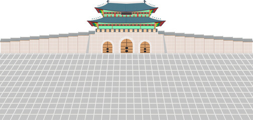 gwanghwamun gate and long wall and large courtyard at gyeongbokgung palace in seoul south korea.