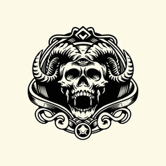 Round emblem vector skull head, badge, label, logo or t-shirt print with monochrome vintage style horns, white background.