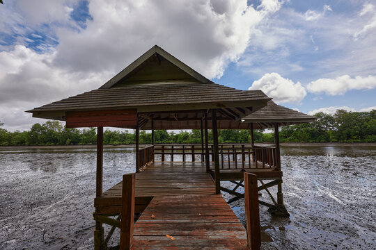 A building of pavilion in the middle of swamp forest river during the water out of the day.