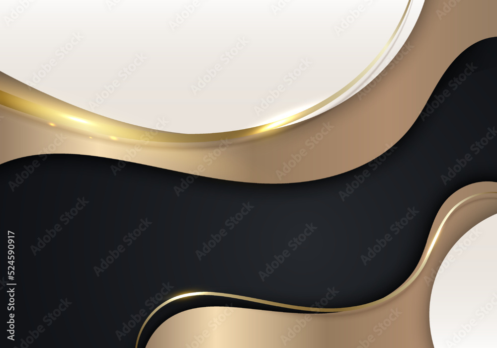 Wall mural elegant 3d abstract background white wave shape with gold ribbon and thread lines on black backgroun
