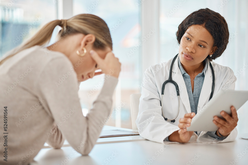 Aufkleber supporting, consoling and comforting a patient with a doctor consulting a woman in the hospital duri