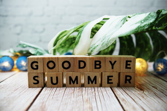 Goodbye Summer alphabet letter with Monstera leave decoration on wooden background