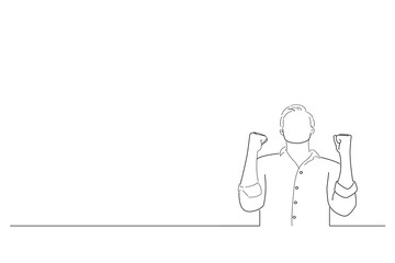 Drawing of businessman showing yoy, victory, celebration, trump and excitement clenching fists, feeling happy. Line art style