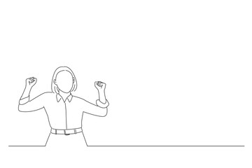 Illustration of enthusiastic asian woman rejoicing, say yes, looking happy and celebrating victory. Oneline art drawing style