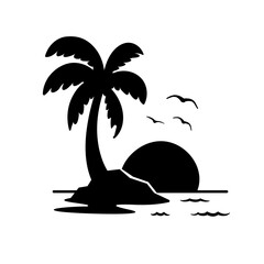 Coconut tree silhouette. summer sunset sea design