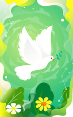 World Peace Day, release the dove of peace with plants and sky in the background, vector illustration