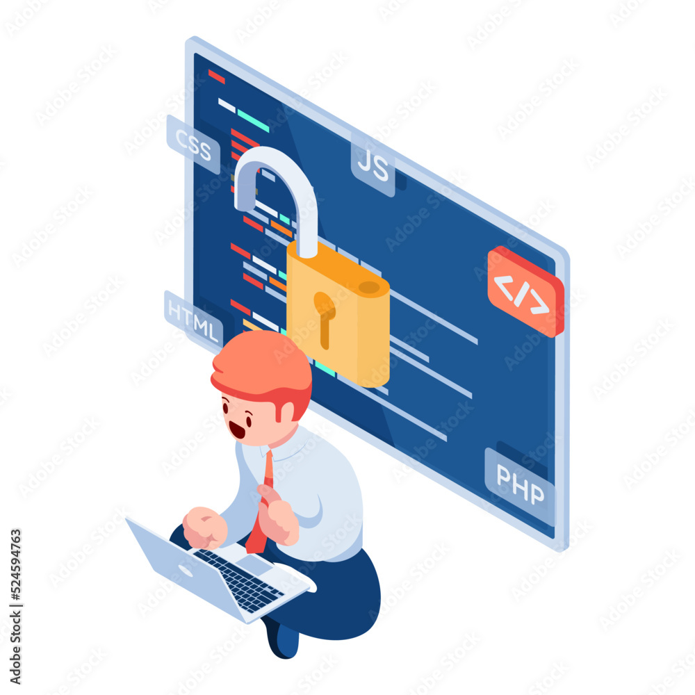 Aufkleber isometric businessman or developer working with open source software script