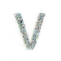 Capital letter V made from screws and bolts. Alphabet made from used screws. White background. Industrial bolt font