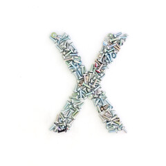 Capital letter X made from screws and bolts. Alphabet made from used screws. White background. Industrial bolt font
