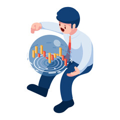 Isometric Businessman Holding Crystal Sphere with Candlestick Chart Inside