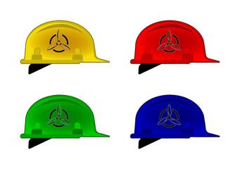 A set of 4 flat safety helmets with aeronautics logos on, isolated on a white background.