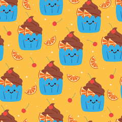 seamless pattern cartoon cupcake with orange. cute food character wallpaper for textile, fabric print