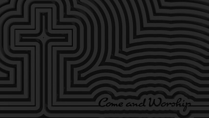 Cross and come and worship text in thin lines style. 3D render