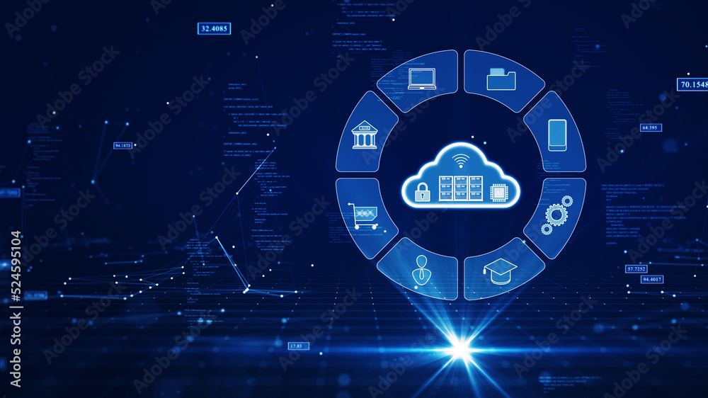 Wall mural cloud and edge computing technology concepts with cybersecurity protection. there is a prominent lar