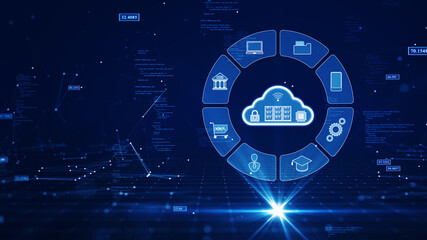 Cloud and edge computing technology concepts with cybersecurity protection. There is a prominent large cloud on the right side and other icons around it. binary code polygon on dark blue background. - obrazy, fototapety, plakaty