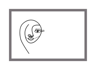 A line drawing of a female face in a frame with one eye, the nose and thick lips visible and ample copy space, isolated on a white background 