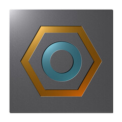 A 3D rendered illustration of a textured metallic square with a hexagon and a circular cutout in the center showing different coloured metallic textures behind, all isolated on a white background