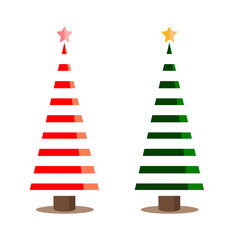 Fototapeta premium A flat illustration of two modern Christmas trees in shades of red and shades of green, isolated on a white background.