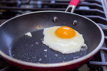 chica joven prepara hermosos huevos en la sartén para el desayuno.