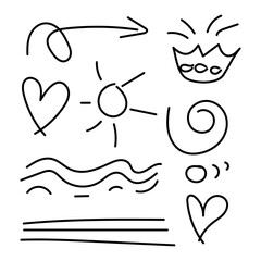 Hand drawn doodle elements heart, sun, circle etc  for concept design isolated on white background. vector illustration.