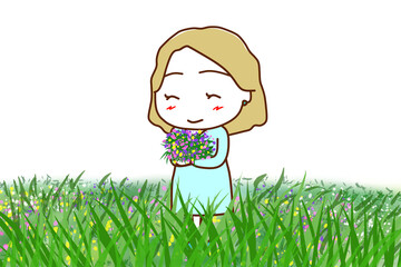 （全身斜め）草原で花を摘み色とりどりの花束を作って笑顔になる白人女性